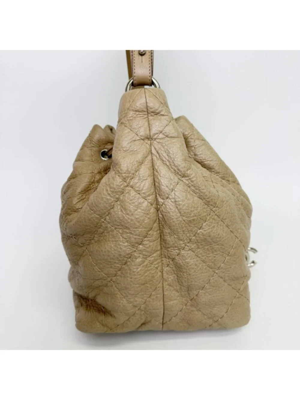 Chanel on the Road Quilted Bucket Shoulder Bag Leather Beige Silver Seal Vintage